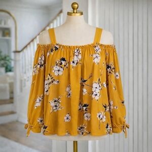 Anthropology Sienna Sky Mustard Yellow Floral Off Shoulder Ruffle Blouse Medium